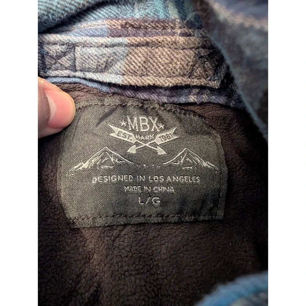MBX Premium Goods Flannel Shacket Shirt‎ Mens L Blue Plaid Button Up Long Sleeve
